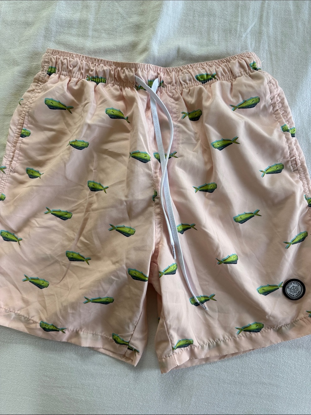 NWOT Brooklyn Cloth Pink Swim Trunks with Green Fish Print